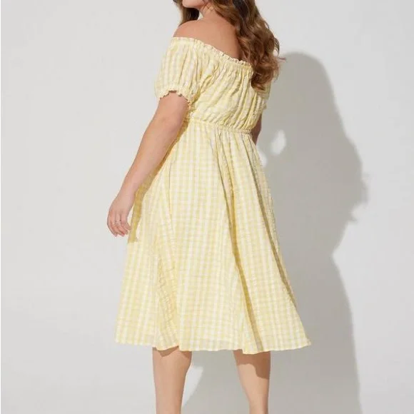 NWT Torrid Midi Seersucker Off the Shoulder Peasant Dress in Yellow and White - Picture 3 of 6